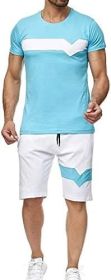 Men's Splicing 2 Piece Tracksuits Casual Short Sleeve Shirts and Shorts Suits (size: S)